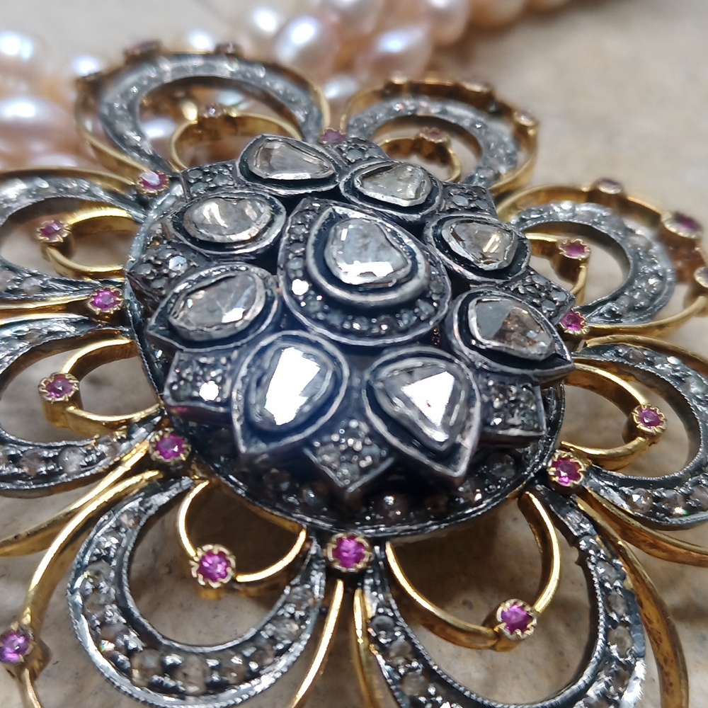 Natural Pearl Antique Paste Diamond Cut Glass & Ruby pendant Statement Necklace - Picture 8 of 10